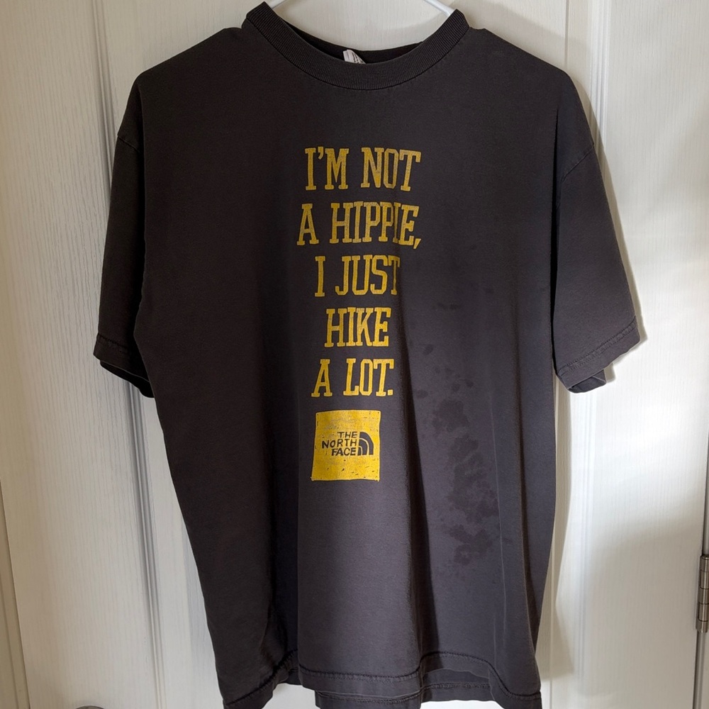 The North Face Gray T-Shirt with Yellow Vertical Graphic